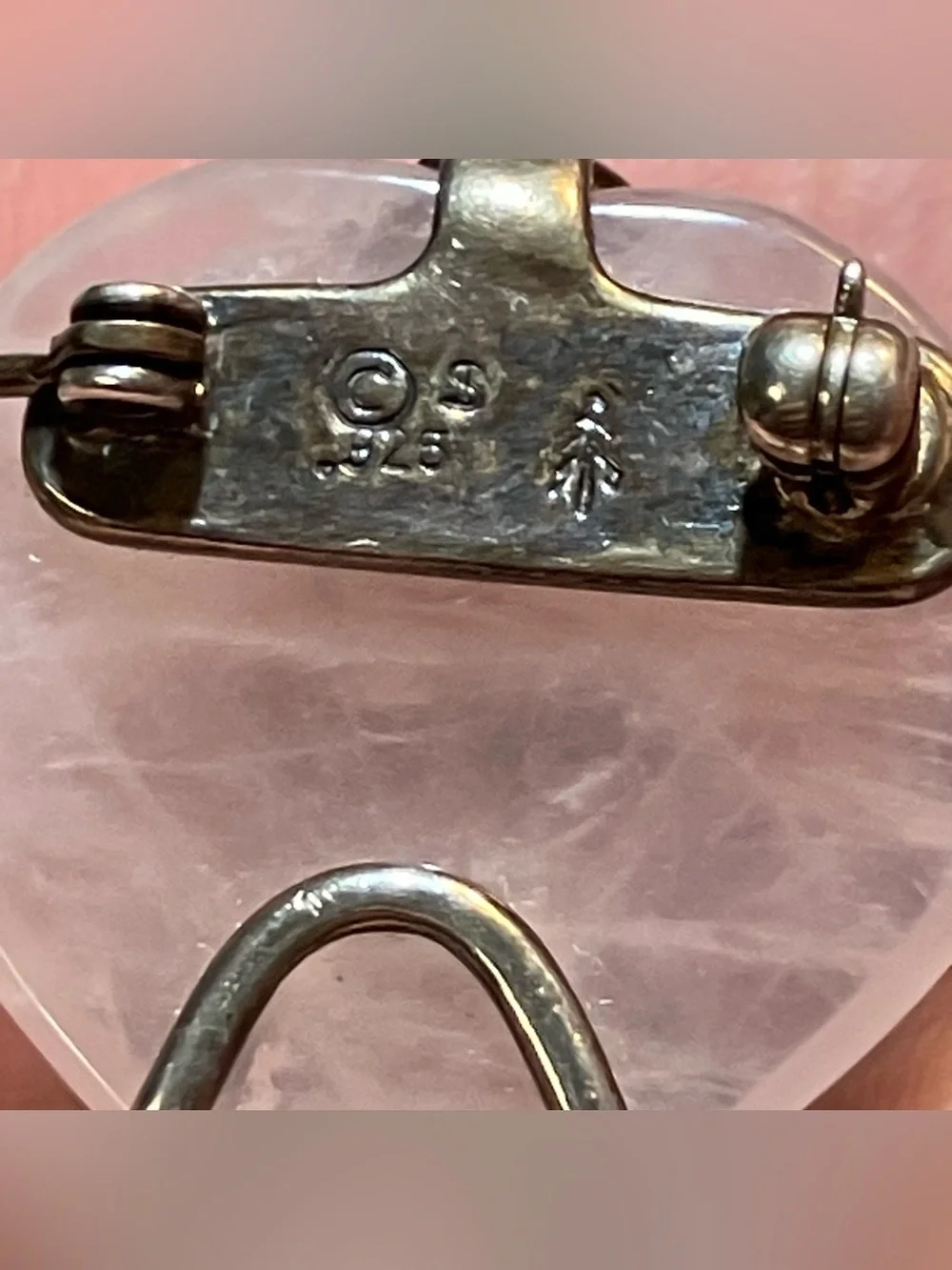 925 Sterling Silver Vintage Shube Real Rose Quartz Cancer Awareness Pin Brooch